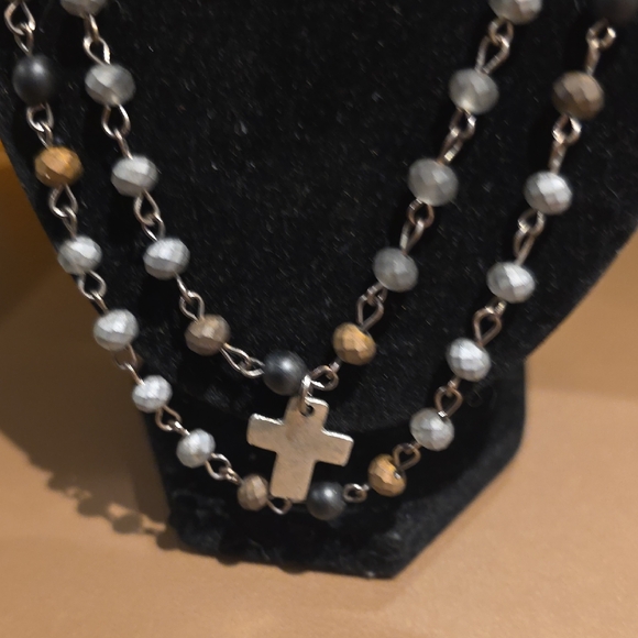 Dual-Strand Rosary Necklace with Cross Pendant - Black, Gray, Gold - Picture 6 of 6